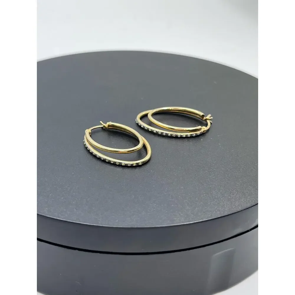 SLC Designer Sterling Silver Vermeil Pave Double‎ Hoop Pierced Earrings